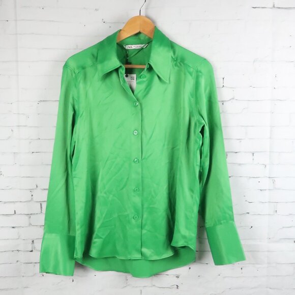 ZARA GREEN LONG SLEEVE BUTTON DOWN TOP SIZE MEDIUM NWT - Picture 1 of 10